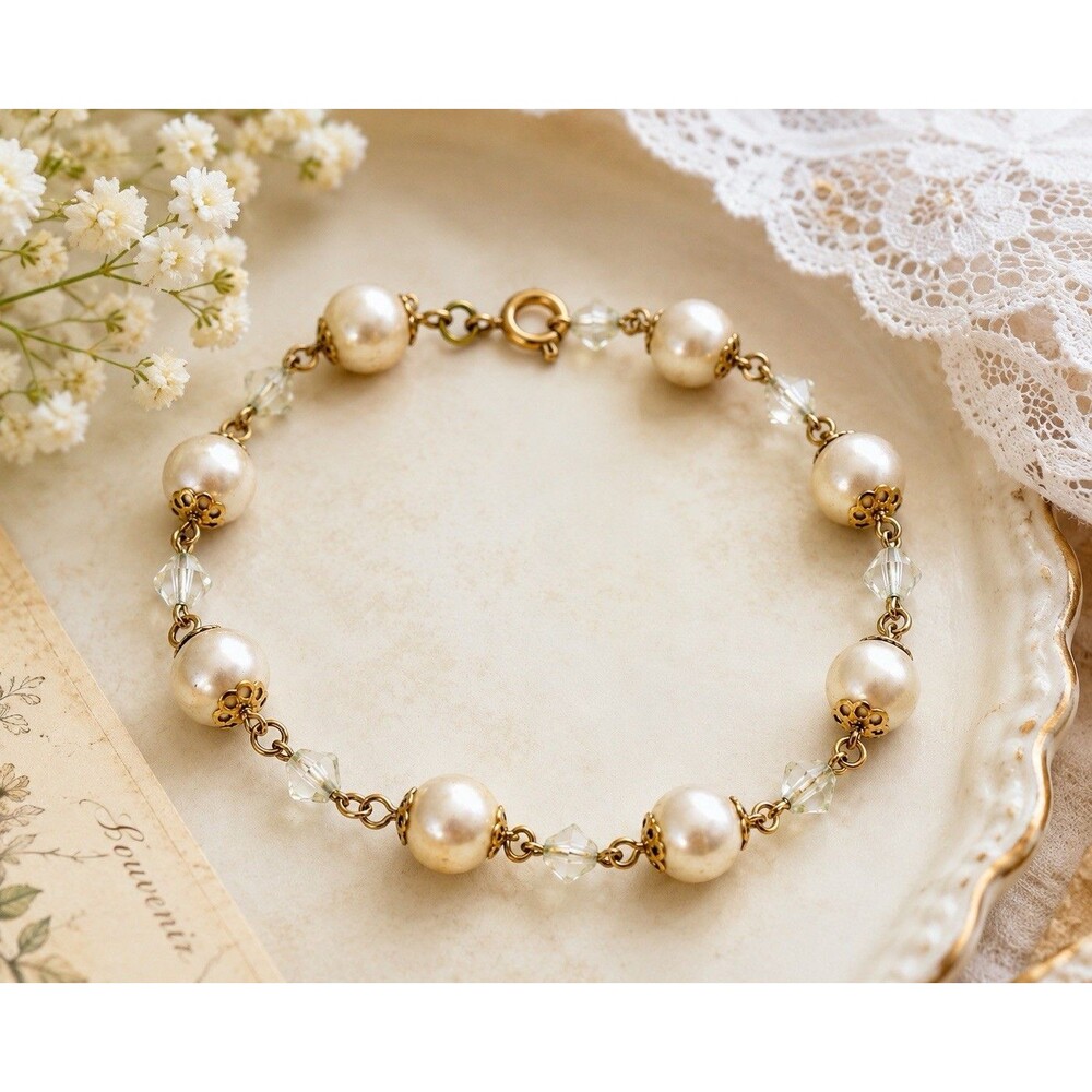 Vintage Pearl Bracelet Gold Tone Faceted Aurora Borealis Beads Romantic 1950s